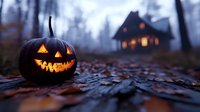 Glowing jack-o-lantern pumpkin with carved scary face sits on autumn leaves path leading to spooky haunted house in misty forest for Halloween celebration.