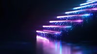 Glowing neon stairs with sparkling particles floating in dark space, illuminated by blue and purple light creating futuristic atmosphere for technology concept.