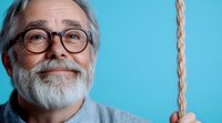 Senior Caucasian man with gray beard and glasses holding rope on blue background, smiling warmly. Concept of leadership, teamwork and business success.