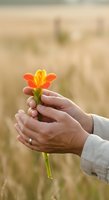 Hands holding vibrant orange and yellow flower with blurred field background, symbolizing care, nature appreciation, and gentle growth for environmental and lifestyle concepts.