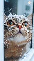 Close-up portrait of curious ginger cat with snow on face looking up through window. Bright amber eyes and pink nose covered in snowflakes create winter mood.