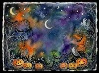 Halloween night watercolor scene with pumpkins, bats, ghosts, spider webs, and crescent moon on dark spooky sky background.