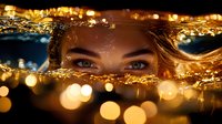 Mysterious female eyes with golden bokeh lights creating magical atmosphere. Close up portrait with glowing sparkles and blurred background for artistic photography.