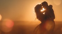 Romantic couple silhouette embracing at golden sunset with warm bokeh lights creating intimate atmosphere for love and relationship concepts.