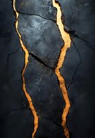Dark cracked surface with glowing golden fissures and scattered metallic particles against black textured background creates dramatic abstract pattern.