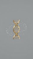 Golden DNA double helix structure with glowing particles on gray background for genetics research and biotechnology concepts.