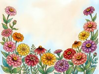 Watercolor floral border with colorful zinnias and echinacea on soft blue background, copy space for greeting cards or invitations.