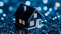 Miniature house model with glowing windows on digital circuit background with blue bokeh lights, representing smart home technology and real estate innovation.