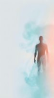 Male figure dissolving into soft turquoise and coral watercolor clouds against white background. Surreal double exposure effect suggests transformation, spirituality, and ethereal concepts for wellness and meditation designs.