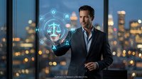 Professional businessman interacting with holographic legal technology interface in modern office overlooking city skyline at night.