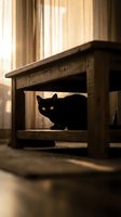 Black cat with glowing yellow eyes hiding under a rustic wooden table in warm golden light near sheer curtains indoors.