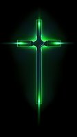 Glowing green neon cross against dark background with luminous effect and geometric design elements creates spiritual atmosphere for religious concepts.