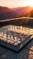 Glass chess set on stone terrace at golden hour sunset with mountain valley backdrop for strategic thinking and leisure concepts.
