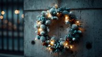 Festive winter wreath with warm glowing lights hanging on rustic wooden door creating cozy holiday atmosphere for seasonal home decoration and greeting cards.