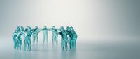 Turquoise translucent human figures holding hands in circle formation on white background for teamwork and unity concepts in business presentations.