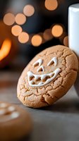 Halloween gingerbread cookie with spooky face icing decoration and milk glass on dark surface with warm bokeh lights background for autumn baking.