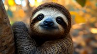Smiling brown-throated sloth close-up portrait with blurred golden autumn background. Adorable wild animal face showing characteristic slow movement expression.