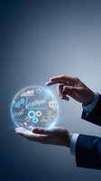 Businessman hands protecting glowing digital sphere with business analytics charts graphs and data visualization icons for corporate strategy planning.