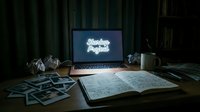 Laptop with glowing neon startup project text on screen, open notebook, scattered photos on dark wooden desk in moody workspace.