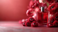 Elegant glass perfume bottle surrounded by fresh red ranunculus flowers on pink background with soft bokeh effect, luxury fragrance and floral composition.