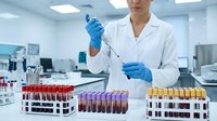 Female scientist in white lab coat and blue gloves conducting blood sample analysis in modern medical laboratory with test tubes and equipment.