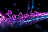 Microscopic virus cells glowing in pink and purple neon colors against dark background with bokeh effect and reflective surface, science visualization concept.