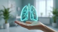 Glowing holographic lungs floating above open palm in modern medical office with plants, representing respiratory health, healthcare technology and pulmonary medicine.