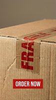Damaged cardboard box sealed with fragile tape, showing wear and creases, with a bold red order now button overlay for e-commerce use.
