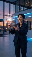 Professional businesswoman interacting with holographic brain lightbulb interface in modern office, representing innovation and artificial intelligence concepts.