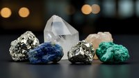 Collection of natural mineral specimens including pyrite, lapis lazuli, clear quartz crystal, rose quartz and malachite arranged on dark surface with bokeh lights.