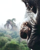 Close-up profile of rhinoceros face showing detailed skin texture and eye against blurred natural background with trees and misty atmosphere. Powerful wildlife portrait.