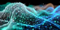 Abstract digital wave with glowing particles and network connections on dark background for technology and data visualization concepts.