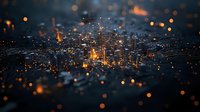 Futuristic digital network visualization with glowing orange light particles and connected nodes forming abstract city landscape at night. For technology backgrounds.