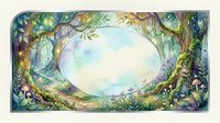 Enchanted forest clearing with magical trees forming natural archway, mystical woodland scene with lush foliage and dreamy atmosphere for fantasy storytelling.