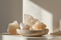 Natural citrine crystal stones in ceramic bowl with soft sunlight shadows creating peaceful meditation and healing energy atmosphere for wellness practices.