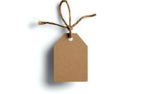 Blank kraft paper tag with natural twine bow isolated on white background for product labeling, gift wrapping, or price marking.