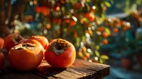 Fresh ripe persimmons on rustic wooden surface with blurred orchard background in warm autumn light.