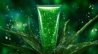 Refreshing green cosmetic gel tube with water splash effect and aloe vera leaves on dark background, skincare and beauty product photography.
