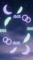 Neon glowing symbols arranged in circle on dark night sky background with crescent moons, feathers, water waves and interlocking rings in purple and cyan light effects.