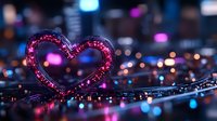Pink glowing heart shape with bokeh lights creating romantic atmosphere against blurred city nightscape background, magical evening mood for Valentine's day celebrations.
