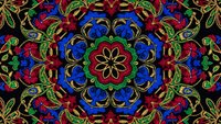 Ornate mandala pattern with intricate floral motifs in vibrant blue, red and green colors on dark background for meditation and decorative design projects.