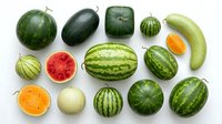 Fresh green melons and watermelons collection isolated on white background. Variety of summer fruits including cantaloupe, honeydew and striped melons.