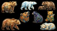 Colorful bear clipart set with grizzly, polar, black, and brown bears isolated on transparent background, ready for stickers, t-shirt design, and print on demand.