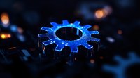 Glowing blue gear wheel symbol on dark background with bokeh lights, representing technology, innovation and mechanical engineering processes.