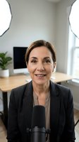 Mature woman with brown hair and fair complexion wearing dark blazer speaking into microphone in modern office studio with computer and plant.