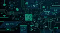 Digital technology circuit board with glowing green elements and data visualization icons on dark blue background for tech presentations.