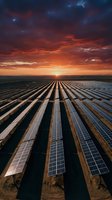 Aerial view of expansive solar panel farm at sunset with dramatic orange and blue sky, showcasing renewable energy infrastructure and sustainable power generation technology.