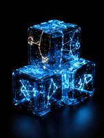 Glowing blue digital cubes with network connections and data visualization elements on black background for technology and blockchain concepts.