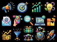 Megaphone with sound waves, target with arrow, rising bar chart, light bulb with gears, email envelope, mobile phone with app icons, magnifying glass, laptop with map, puzzle piece, upward trending arrow with coins, funnel with data, gift box, diverse team collaboration, shield with star, and rocket ship. Collection of business, marketing, and growth icons isolated on transparent background, ready for t-shirt design, clipart, stickers, print-on-demand, and sublimation projects.