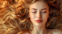 Young Caucasian woman with closed eyes and flowing golden hair spread out around her face, showcasing natural beauty with minimal makeup and coral lips.